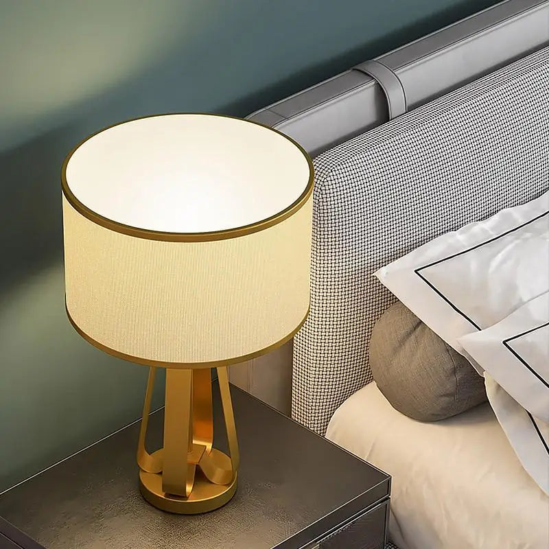 Gold Geometric Base Drum Linen Shade Table Lamp - Lighting > & Floor Lamps