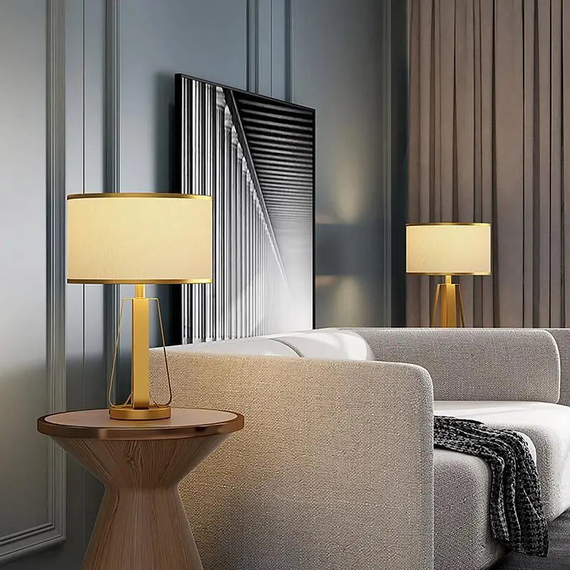 Gold Geometric Base Drum Linen Shade Table Lamp - Lighting > & Floor Lamps