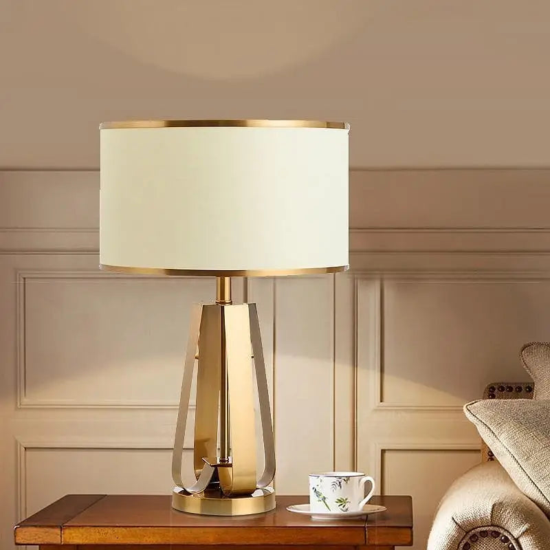 Gold Geometric Base Drum Linen Shade Table Lamp - Lighting > & Floor Lamps