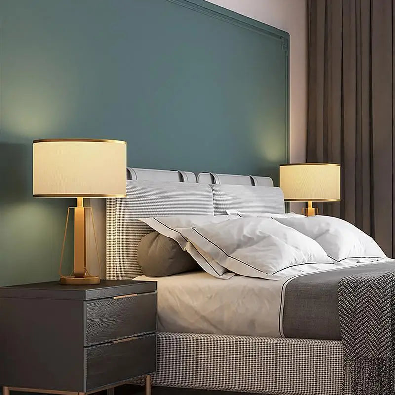 Gold Geometric Base Drum Linen Shade Table Lamp - Lighting > & Floor Lamps