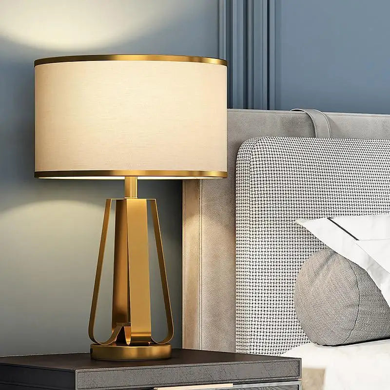Gold Geometric Base Drum Linen Shade Table Lamp - Lighting > & Floor Lamps
