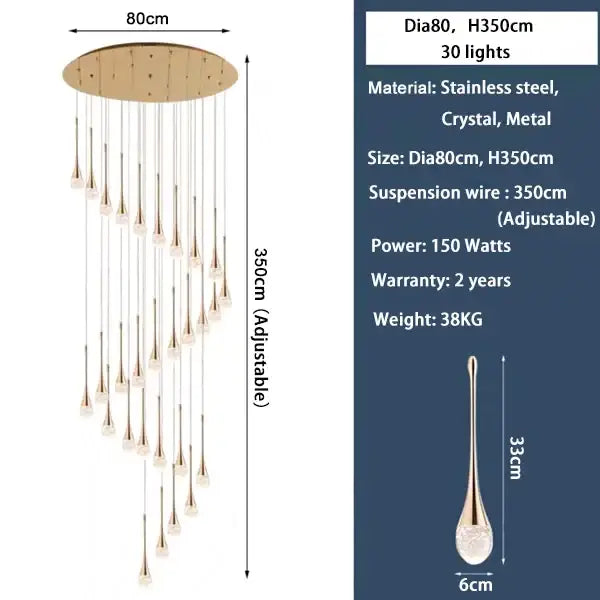 Luxury Water - Drop Spiral Crystal Chandelier for Staircase,Hallway - 30 lights / Gold