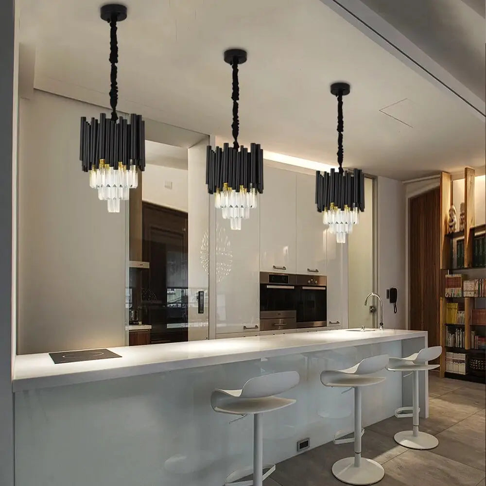 Modern Black Hanging Crystal Chandelier for Dining Kitchen