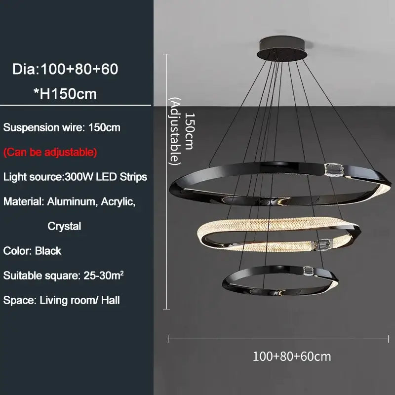 Modern Creative Ring Crystal Chandelier for Living Bedroom - Dia100x80x60cm - Black / NON