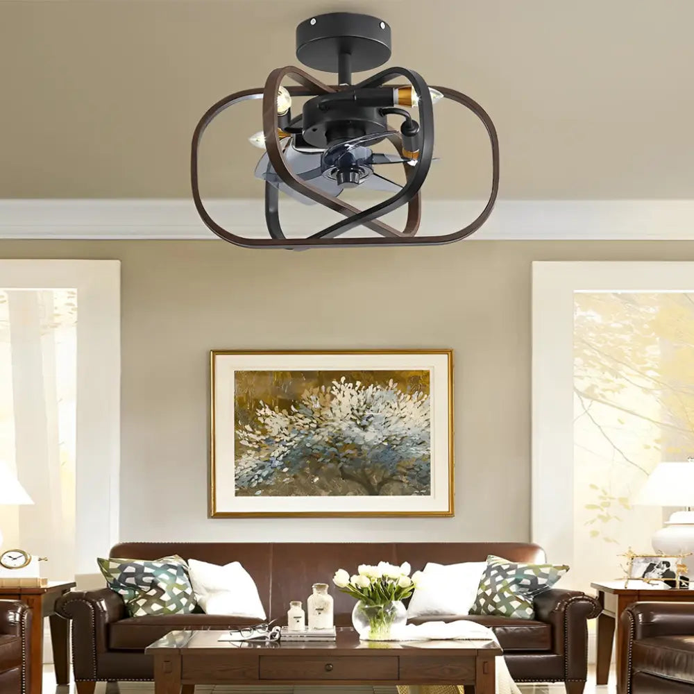 Rustic Bladeless Ceiling Fan with LED Light - Cage / Dark Wood Color - Lighting > lights