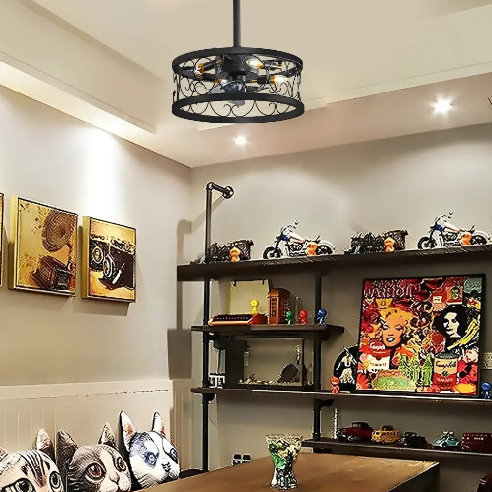 Rustic Bladeless Ceiling Fan with LED Light - Round / Black - Lighting > lights Fans