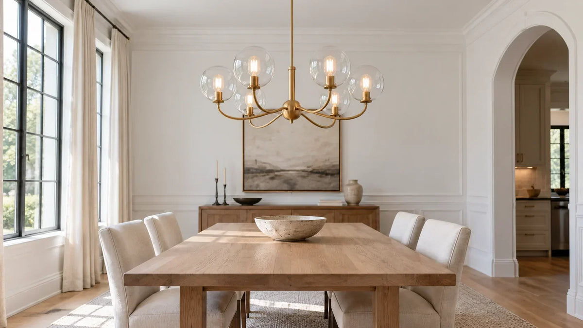 Illustrative dining room with a gold-colored chandelier, clear glass globes, and visible bulb seats above an oak table.