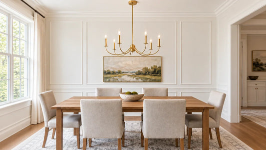 Six-arm candle-style chandelier in a bright dining room.