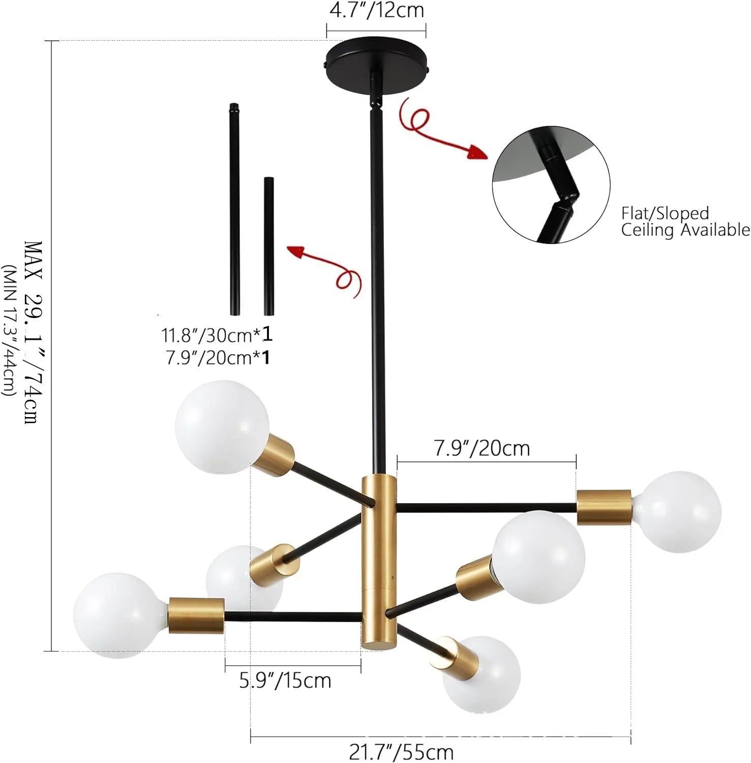 Nordic modern sputnik semi-flush mount chandelier with six frosted glass globe bulbs in black and brass finish