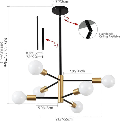 Nordic modern sputnik semi-flush mount chandelier with six frosted glass globe bulbs in black and brass finish
