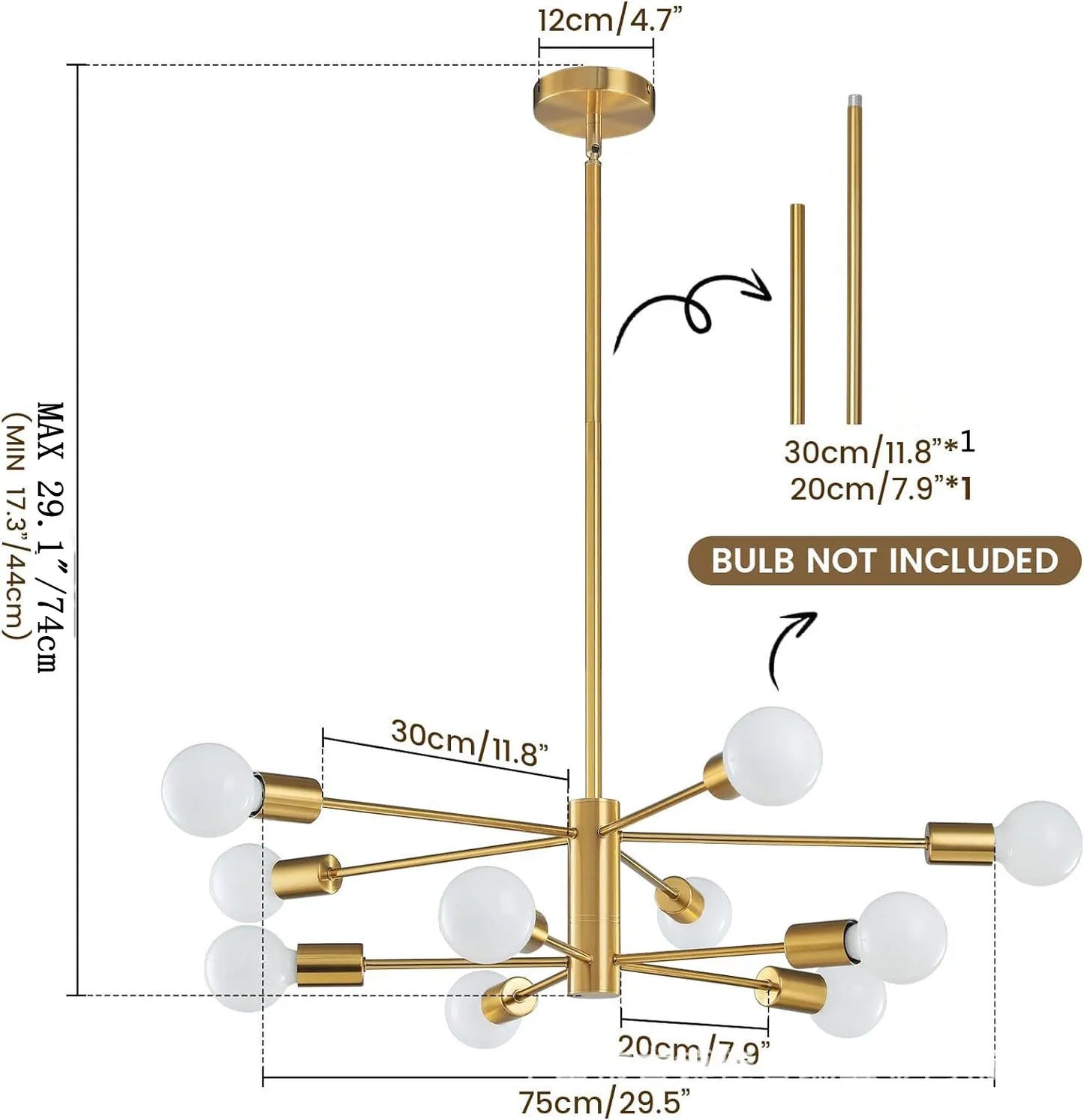 Nordic modern sputnik semi flush mount chandelier with gold finish and frosted glass globe bulbs