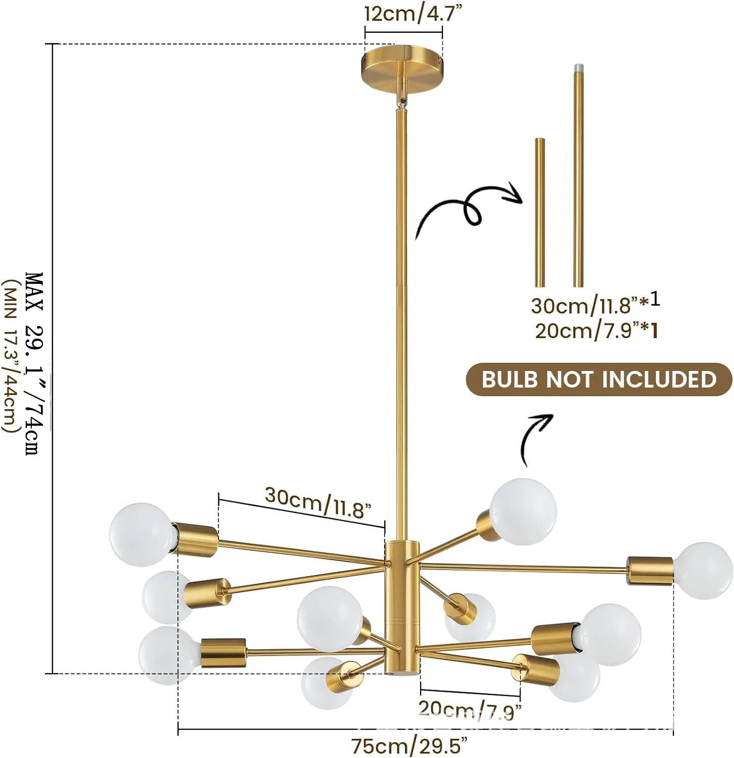 Nordic modern sputnik semi flush mount chandelier with gold finish and frosted glass globe bulbs