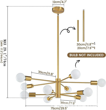 Nordic modern sputnik semi flush mount chandelier with gold finish and frosted glass globe bulbs