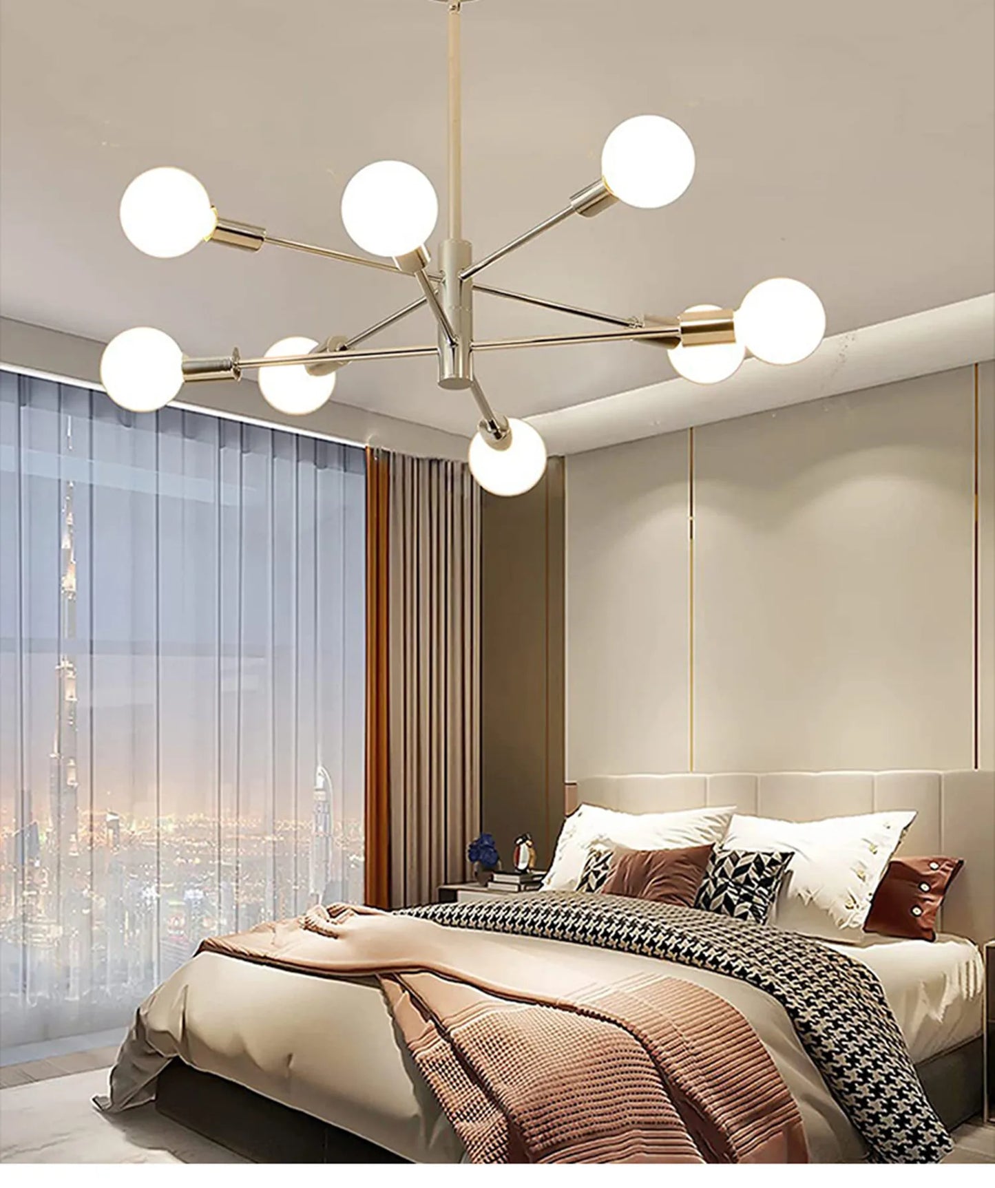 Modern brass-toned nordic sputnik semi-flush mount chandelier with eight spherical white glass bulbs