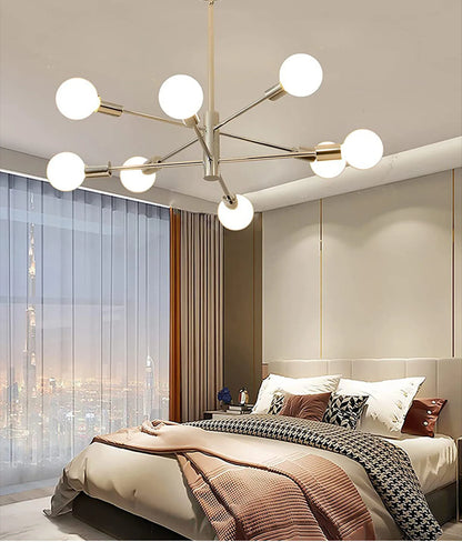 Modern brass-toned nordic sputnik semi-flush mount chandelier with eight spherical white glass bulbs