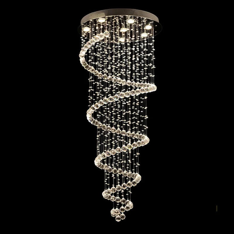 A sleek spiral crystal LED ceiling chandelier with a metallic base and cascading clear faceted beads