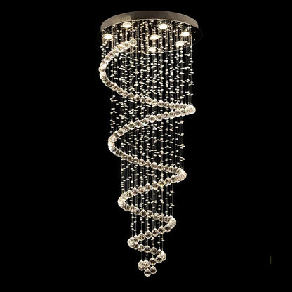 A sleek spiral crystal LED ceiling chandelier with a metallic base and cascading clear faceted beads