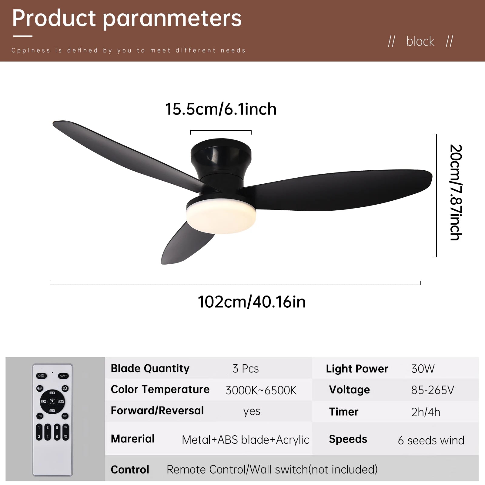 Black ceiling fan with three sleek blades and circular light fixture with remote control 3 color 6 speed settings
