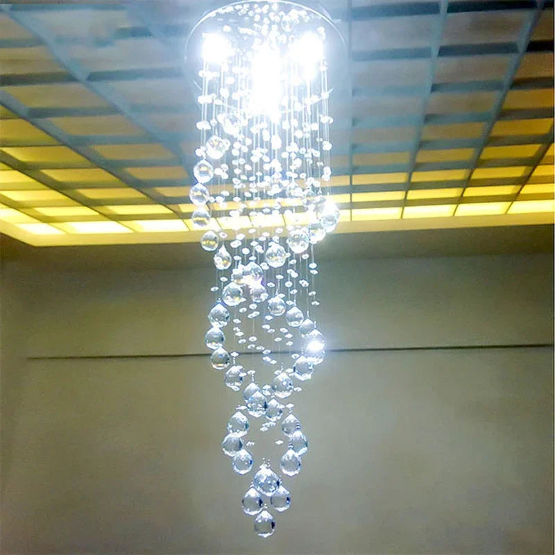 Spiral crystal led ceiling chandelier with cascading clear faceted beads and circular modern metal fixture