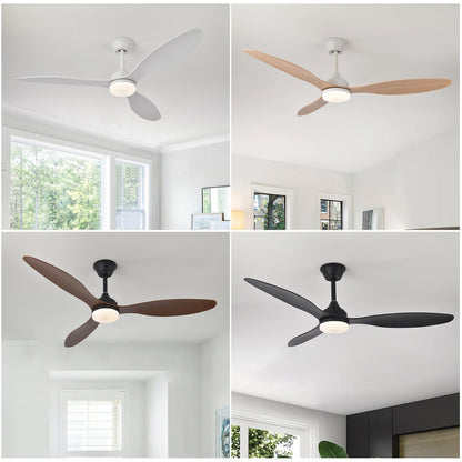 Low-profile ceiling fans with light and remote control in white light wood dark brown and black finishes with integrated led lights
