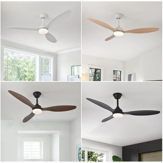 Low-profile ceiling fans with light and remote control in white light wood dark brown and black finishes with integrated led lights