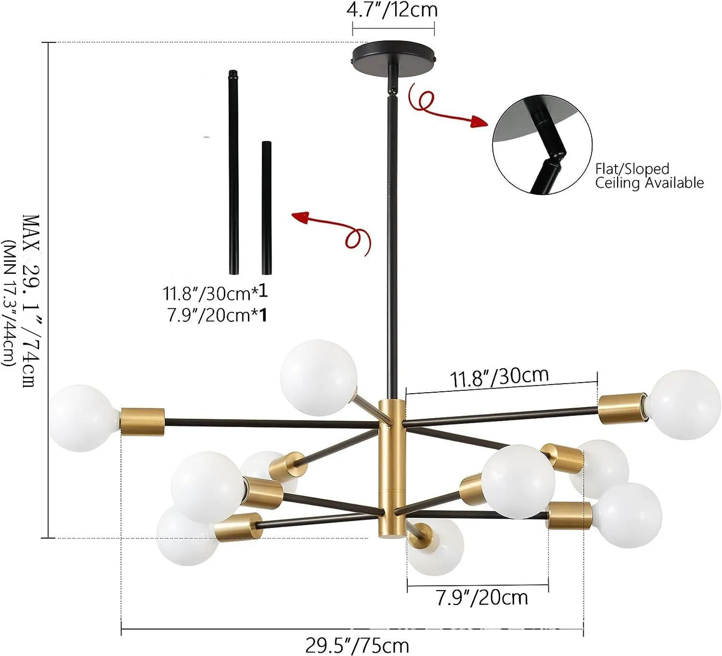 Nordic modern sputnik semi-flush mount chandelier with black and gold finish and frosted glass globe bulbs