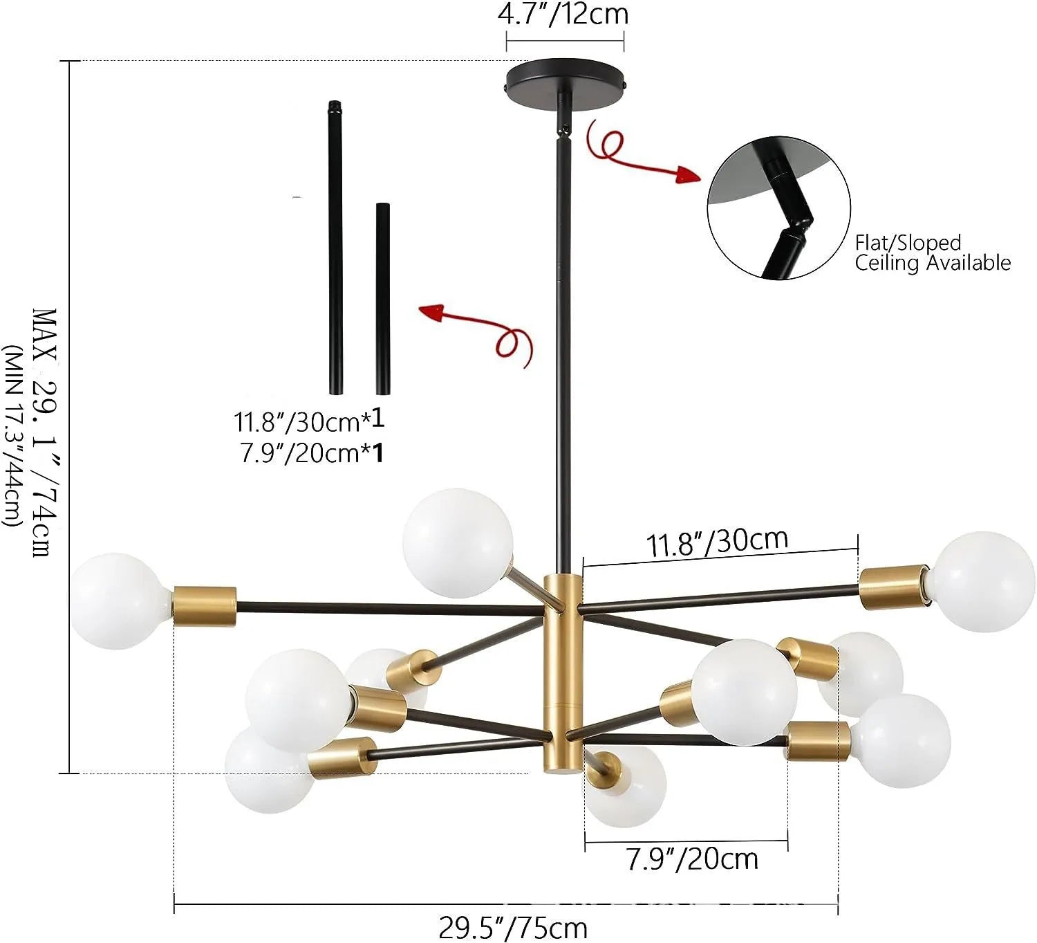 Nordic modern sputnik semi-flush mount chandelier with black and gold finish and frosted glass globe bulbs