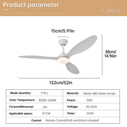 Low-profile white ceiling fan with three sleek blades and integrated light fixture with remote control
