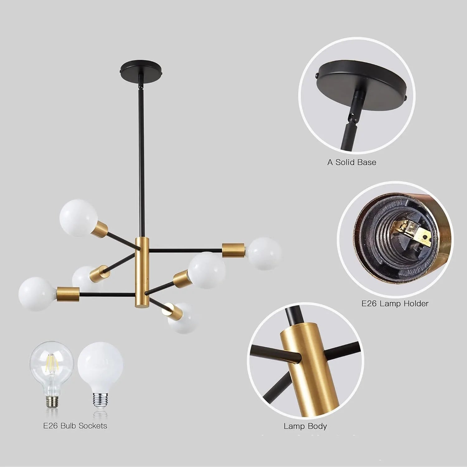 Modern black and brass nordic sputnik semi flush mount chandelier with spherical white glass bulbs