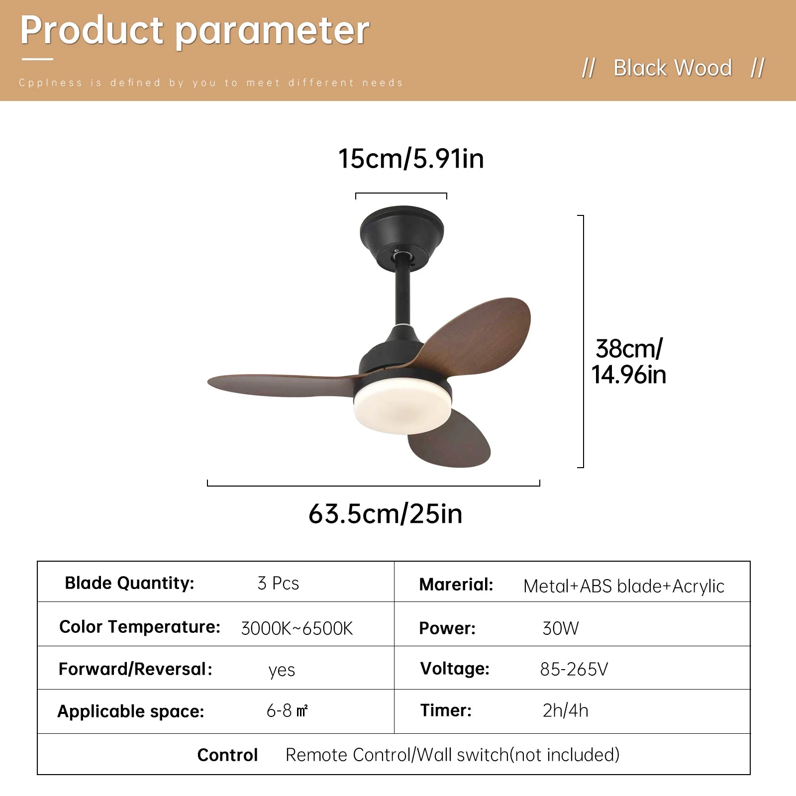 Low-profile black wood ceiling fan with three dark brown blades white acrylic light fixture and remote control