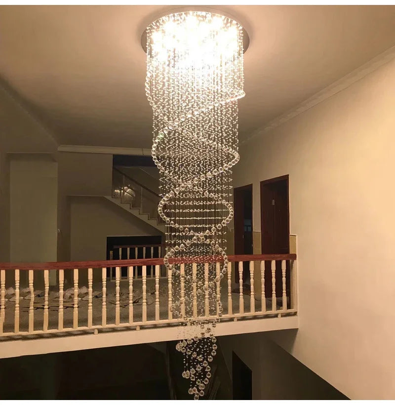 Spiral crystal LED ceiling chandelier with clear glass bead tiers and a modern sparkling spiral design