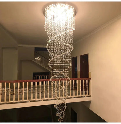Spiral crystal LED ceiling chandelier with clear glass bead tiers and a modern sparkling spiral design