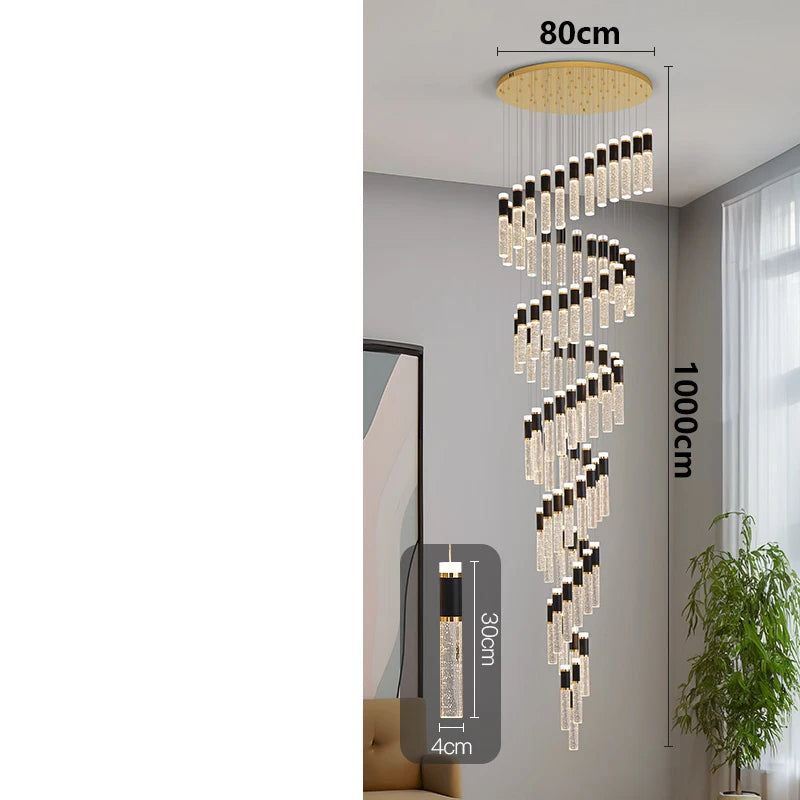 Modern crystal chandelier with golden base and clear crystal tubes accented by black caps adjustable luxury pendant light