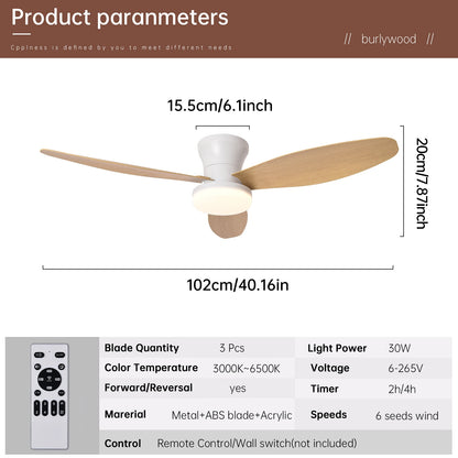 A modern ceiling fan with light remote control featuring three light wooden blades and a white housing with led light