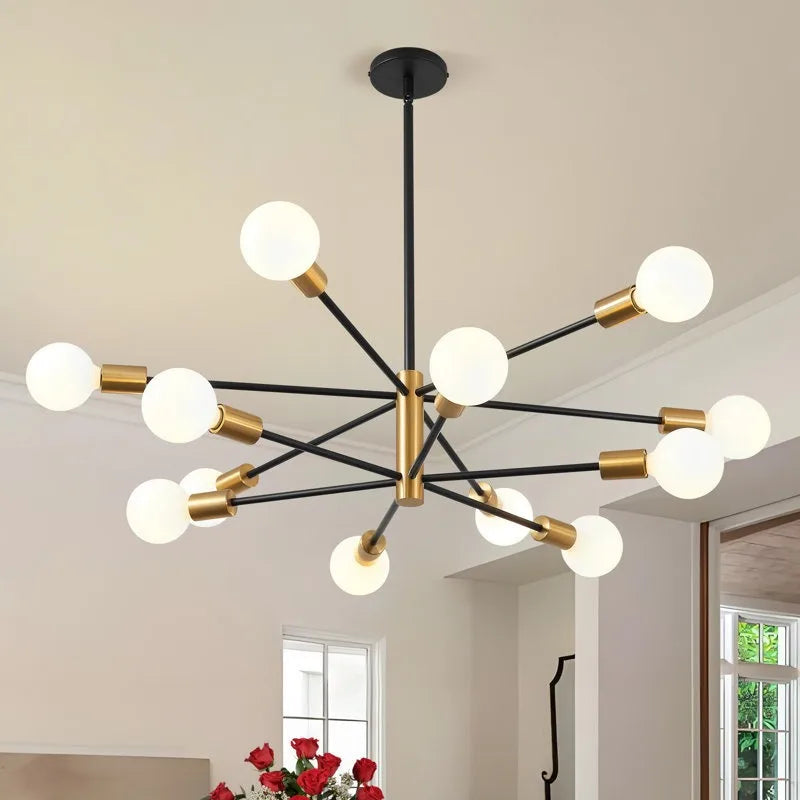 Modern black and brass nordic sputnik semi-flush mount chandelier with spherical white glass bulbs