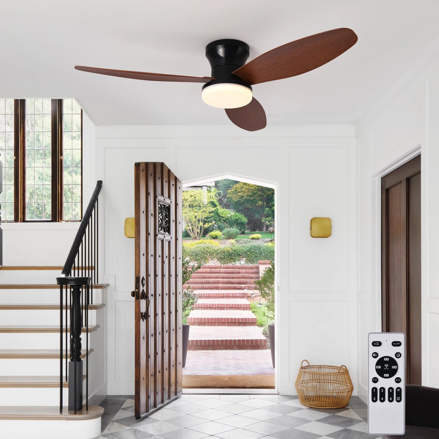 Black ceiling fan with three brown wooden blades and frosted glass light fixture with remote control and 3 color 6 speed settings