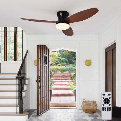 Black ceiling fan with three brown wooden blades and frosted glass light fixture with remote control and 3 color 6 speed settings