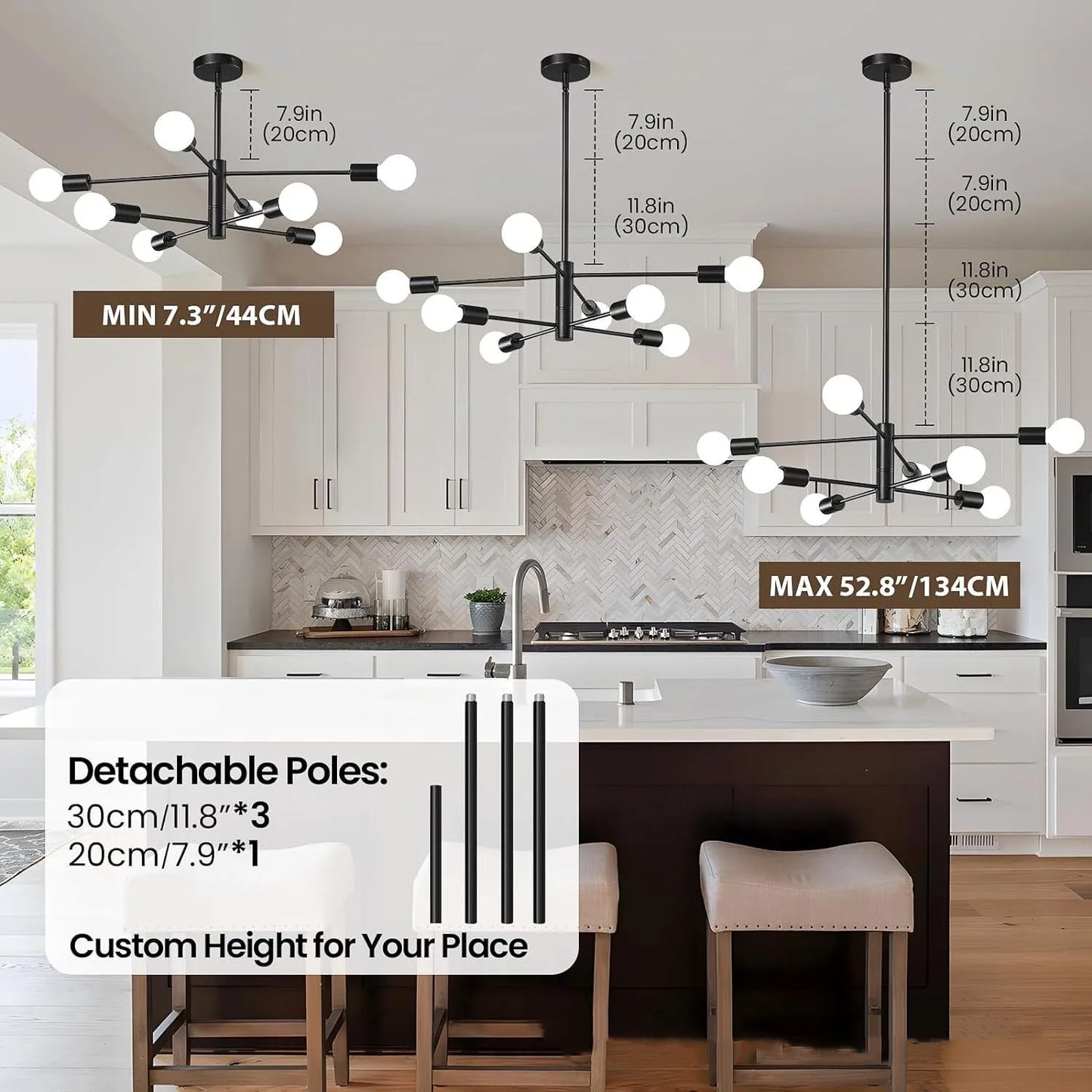 Black metal nordic modern sputnik semi-flush mount chandelier with multiple white spherical bulbs