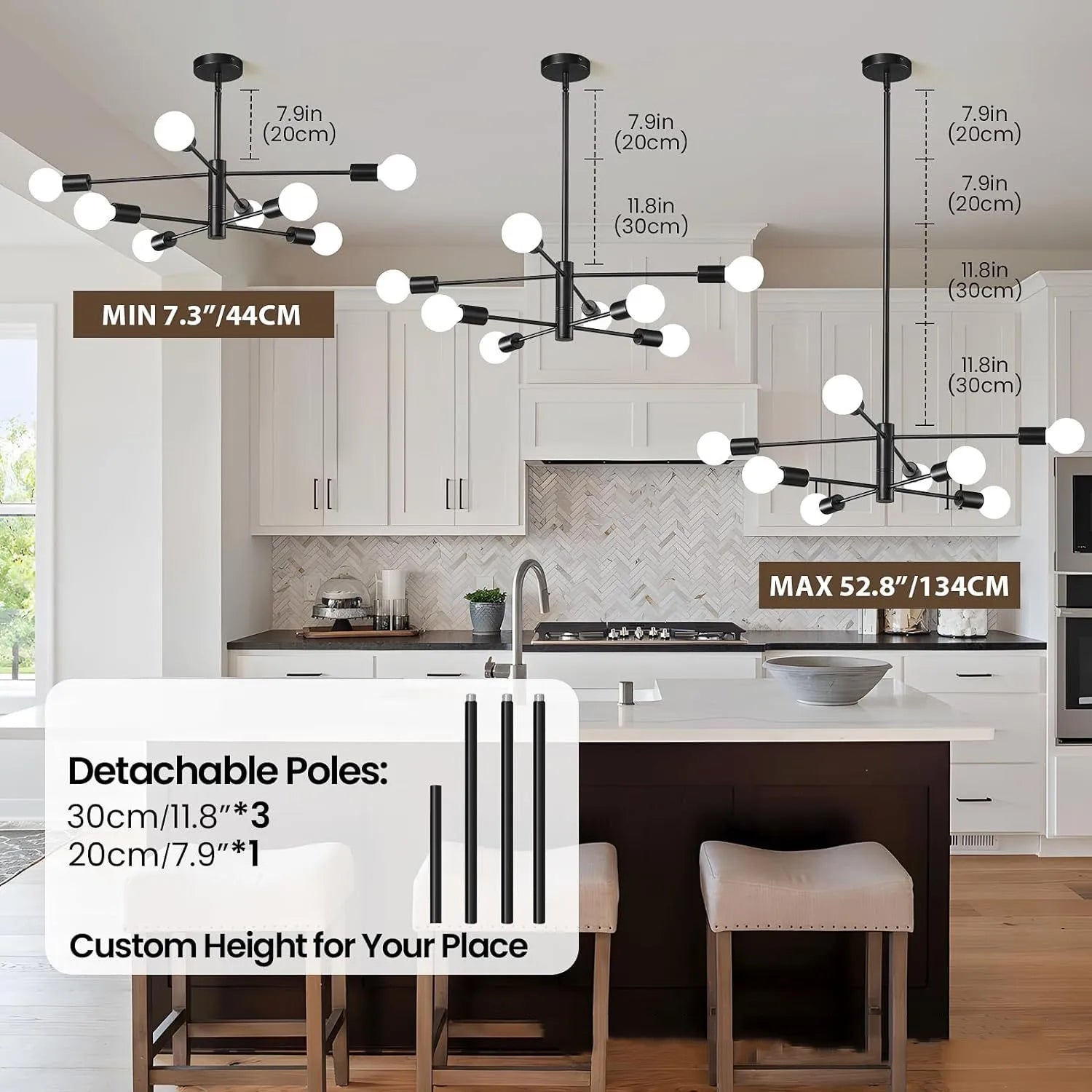 Black metal nordic modern sputnik semi-flush mount chandelier with multiple white spherical bulbs