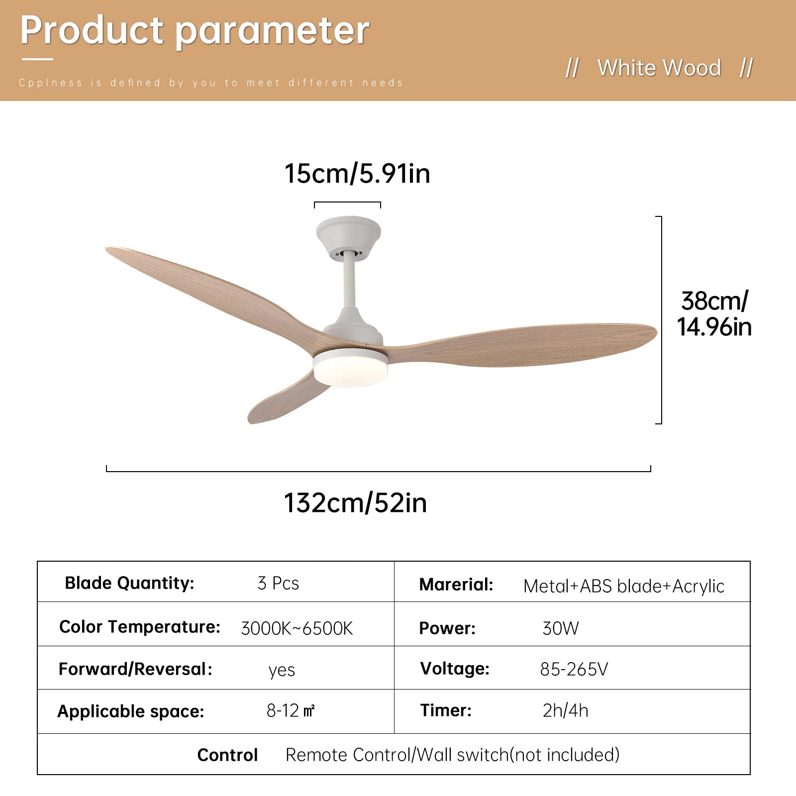 White wood low-profile ceiling fan with three metal, abs plastic, and acrylic blades with light and remote control