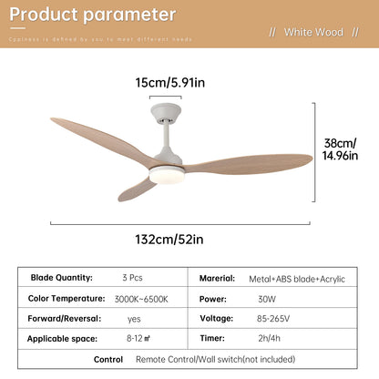 White wood low-profile ceiling fan with three metal, abs plastic, and acrylic blades with light and remote control