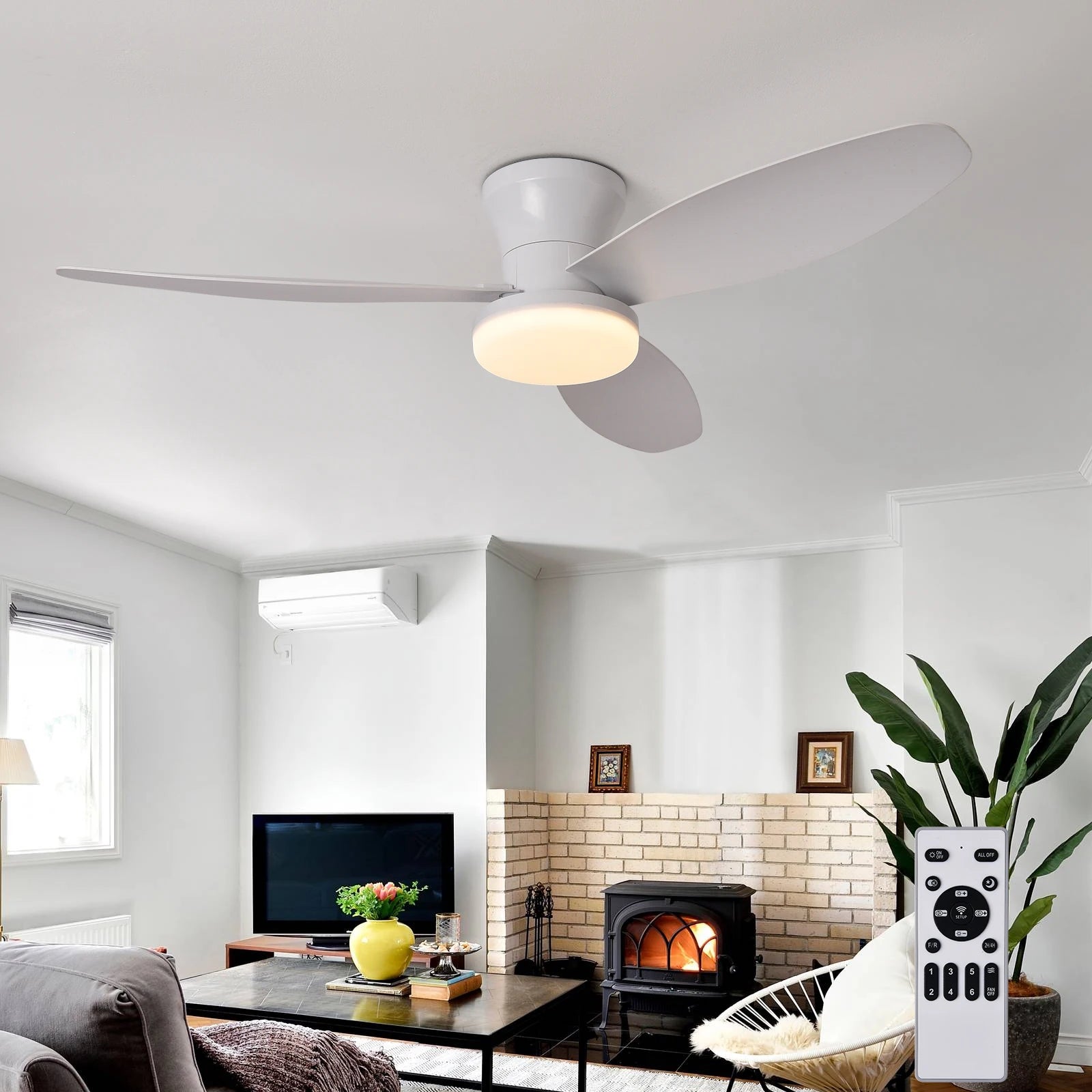 White ceiling fan with three sleek blades and circular light fixture with remote control 3-color 6-speed settings