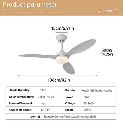 Low-profile white ceiling fan with three sleek matte blades and central light fixture with remote control