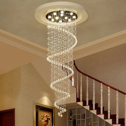 Spiral crystal led ceiling chandelier with cascading crystal beads and warm light from a circular ceiling mount