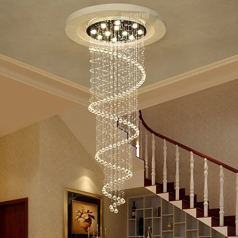 A modern spiral crystal led ceiling chandelier with cascading beads and warm led lighting in a circular mount