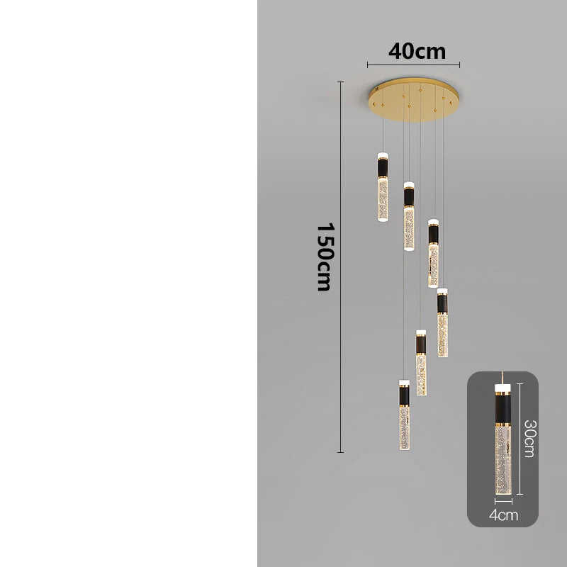 Modern crystal chandelier adjustable luxury pendant light with gold-toned circular fixture and seven crystal-filled led cylinders