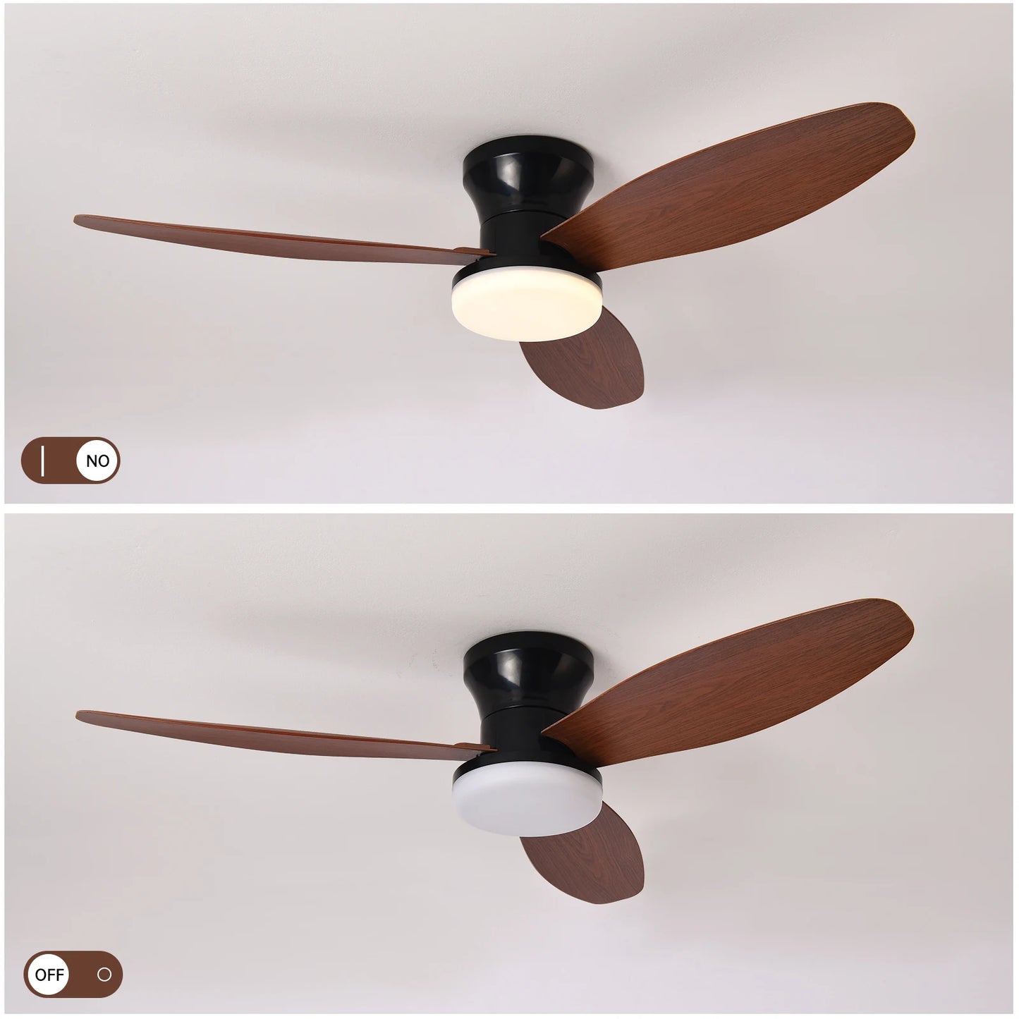 Black and brown ceiling fan with integrated light remote control 3-color 6-speed for versatile room cooling