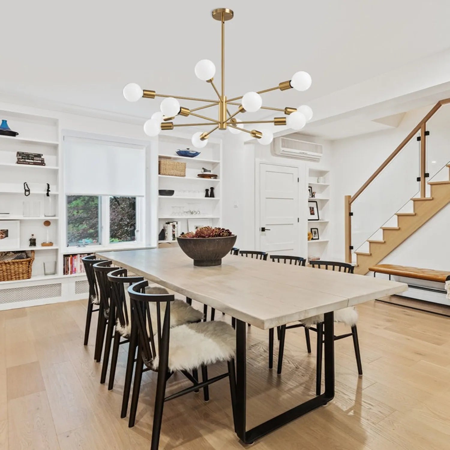 Nordic modern sputnik semi flush mount chandelier with modern brass finish and spherical white glass globes