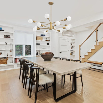 Nordic modern sputnik semi flush mount chandelier with modern brass finish and spherical white glass globes