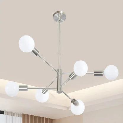 Modern chrome Nordic Sputnik semi-flush mount chandelier with six frosted glass globe bulbs in radial design